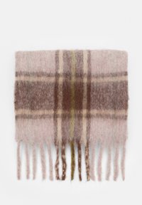 Écharpe en plaid en laine de couleur rose doux, ornée de rayures marron et jaune, avec des bords à franges. Sa texture moelleuse ajoute de la chaleur et du détail.