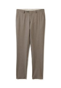 Grau maßgeschneiderte Hosen aus glattem Stoff. Verfügt über eine flache Vorderseite, Knopfverschluss und seitliche Taschen. Gerader Schnitt ohne Muster.