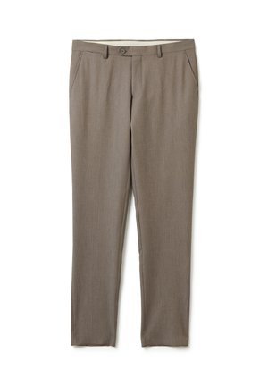 Pantalones grises ajustados hechos de una tela suave. Presentan un frente plano, cierre de botón y bolsillos laterales. Corte recto sin patrones.