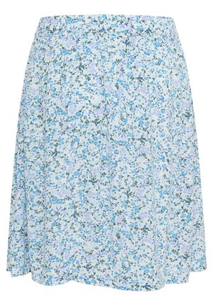 Gonna floreale azzurra con motivi intricati, dotata di una vita elastica arricciata e una forma svasata per facilitare i movimenti.