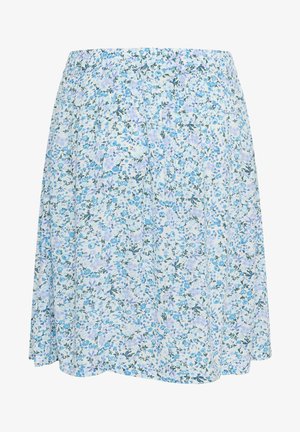 Jupe florale en bleu clair avec des motifs complexes, dotée d'une taille élastique froncée et d'une forme évasée pour faciliter les mouvements.