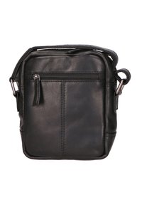 Borsa a tracolla in pelle nera con forma quadrata, tasca frontale con zip e superficie testurizzata. Cinghia regolabile e dettagli di cucitura.