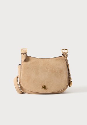 Geantă crossbody din piele întoarsă bej, cu curea reglabilă, accente cu cataramă aurie și mic logo RL auriu în față.