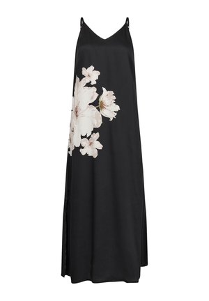 Black sleeveless dress with a v-neck, featuring large light pink floral patterns on one side and side slits for movement.