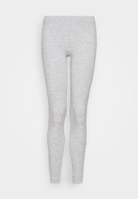 Leggings grises hechos de un material suave y elástico. Tienen un diseño ajustado, sin patrones, y una textura lisa con una cinturilla elástica.