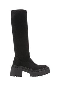 Bottes noires montantes en daim doux, dotées d'une semelle plateforme épaisse, d'une silhouette épurée et de peu de détails de couture.