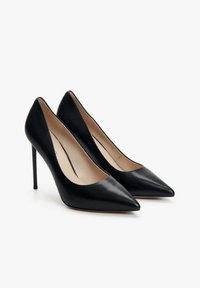 Zwarte leren hoge hakken met spitse neuzen, slanke stiletto-hakken en een gladde afwerking. Het interieur heeft een beige voering voor contrast.