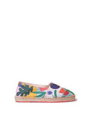 Espadrille shoe with multicolored abstract floral print, woven jute sole, and flat red rubber outsole, viewed from the side.