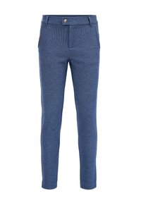 Pantaloni slim-fit blu con texture, passanti per cintura, bottone davanti, zip e tasche laterali.