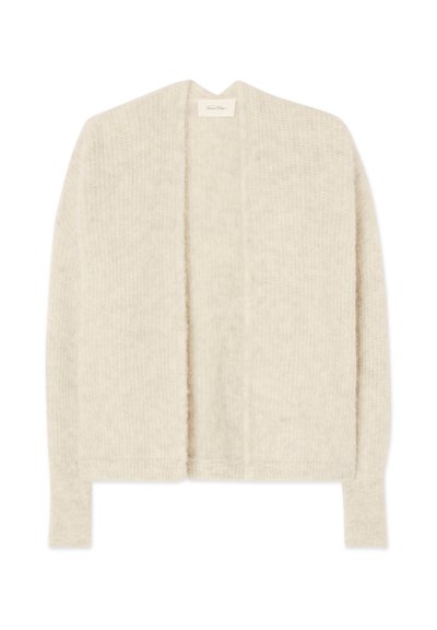 Cardigan à manches longues en doux tissu tricoté texturé crème, avec une ouverture devant et une coupe décontractée et ample.