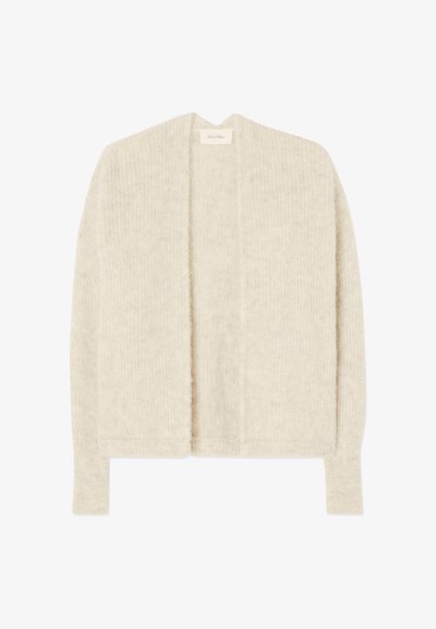 Cardigan à manches longues en doux tissu tricoté texturé crème, avec une ouverture devant et une coupe décontractée et ample.