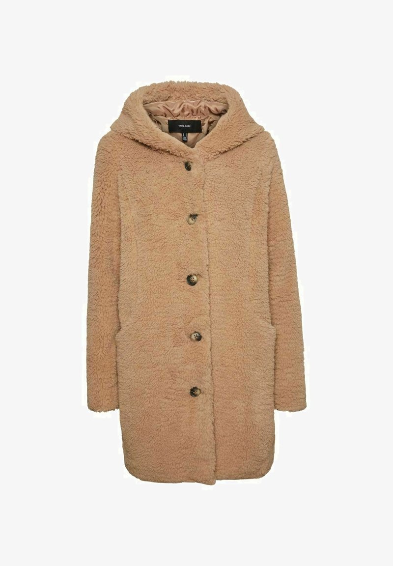 Beige langer Teddy-Mantel mit Kapuze, fünf großen marmorierten Knöpfen auf der Vorderseite und zwei Seitentaschen, aus weichem Plüschstoff gefertigt.