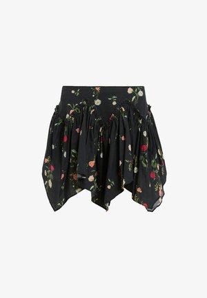 Sort blomsteret nederdel lavet af letvægtsstof, med rynket design og pink, røde og hvide roser samt en unik asymmetrisk kant.