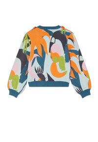 Sweter dzianinowy z wyrazistym kwiatowym wzorem, głównie w odcieniach turkusu, pomarańczu, różu i zieleni, z bufkami w rękawach i akcentami guziczków.