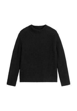 Zwarte gebreide trui met een ronde halslijn, geribbelde textuur en lange mouwen. Regular fit, met een consistente, dikke breipatroon.