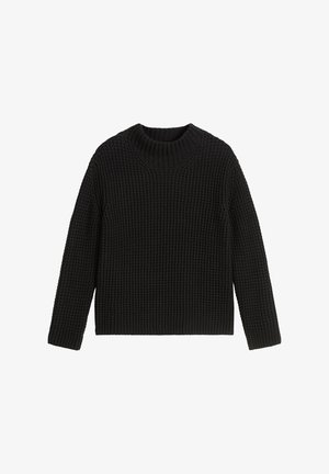 Schwarzer, gestrickter Pullover mit Rundhalsausschnitt, gerippter Textur und langen Ärmeln. Normale Passform, die ein durchgängiges, dickes Strickmuster zeigt.