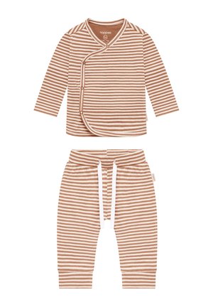 Babypak met longsleeve en broek in beige en witte horizontale strepen, met knoopsluiting en elastische taille met koord.