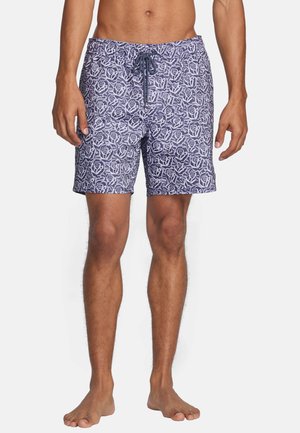 Swim shorts in navy with a white rose pattern, drawstring waist, and relaxed fit. Made of lightweight fabric, suitable for water activities.