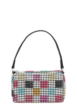 Borsa a forma cilindrica rivestita di strass. Presenta colori vivaci tra cui rosa, blu e giallo, su uno sfondo nero testurizzato.
