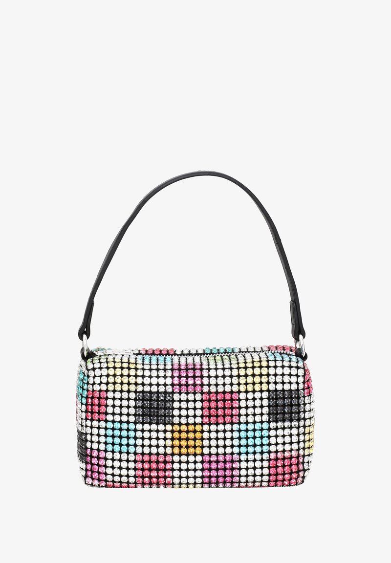 Torebka pokryta cyrkoniami w kształcie cylindrycznym. Charakteryzuje się żywymi kolorami, w tym różowym, niebieskim i żółtym, na czarnym teksturowanym tle.