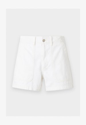 Short blanc en coton avec bouton sur le devant, fermeture éclair, passants de ceinture et grandes poches plaquées devant.