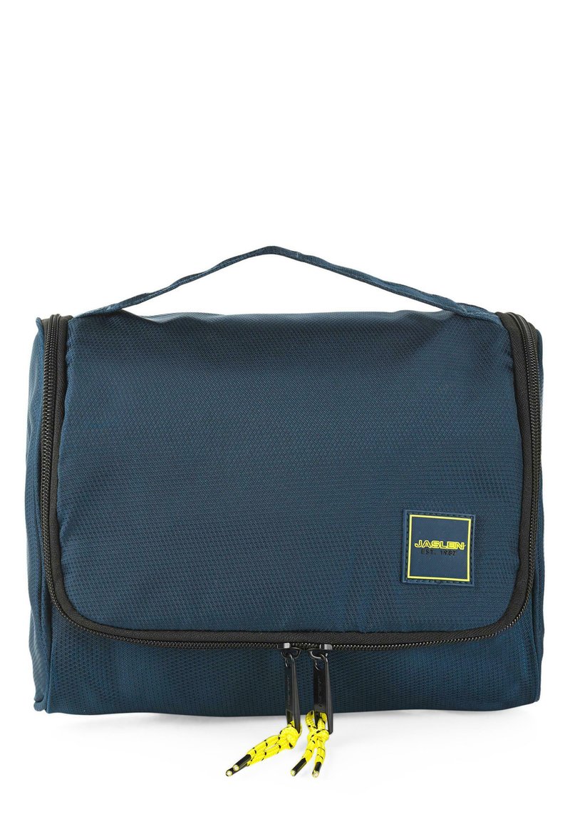 Neceser en azul marino hecho de tejido texturizado, con un asa en la parte superior, cierre con cremallera y tiradores de cremallera de un brillante color amarillo. Etiqueta de la marca visible.