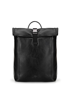 Black leather backpack with a roll-top design, silver hardware, a front buckle strap, and a top handle for carrying. Smooth texture.