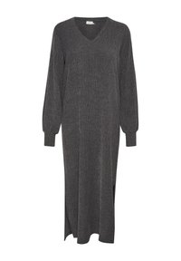 Robe longue grise en tissu tricoté côtelé, avec un décolleté en V, des manches longues et des fentes sur les côtés pour faciliter le mouvement.