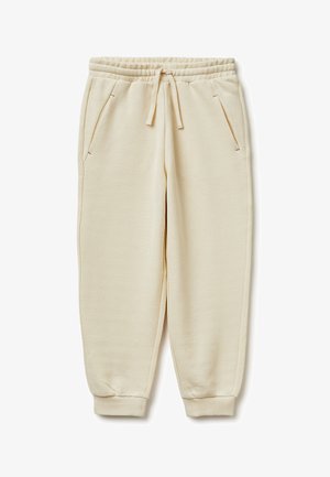 Pantaloni jogger beige con vita elastica, coulisse, tasche laterali e polsini a coste, realizzati in tessuto morbido e strutturato.