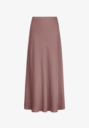 Fliederfarbener A-Linien-Midirock mit hoher Taille, glattem Stoff und leicht ausgestelltem Saum.