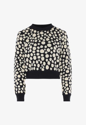Sort cropped sweater med cremefarvede uregelmæssige prikker, ribstrikkede manchetter, halsudskæring og taljebånd.