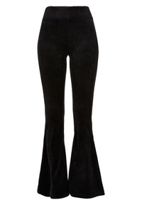 Svarta kordflöjtsbyxor med utsvängda ben, en åtsittande midja, strukturerad yta och bredbenad design, med subtil vertikal ribbning.