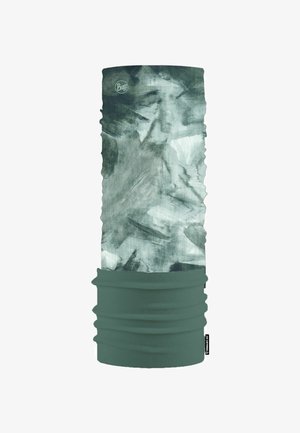 Bufanda tubular multifuncional de suave tejido, con un patrón abstracto en gris y verde que presenta una base sólida en verde oscuro. Mide aproximadamente 50 cm de alto.