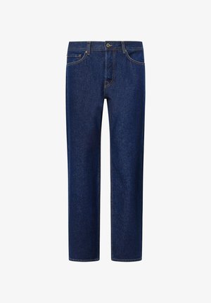 Jeans in denim blu scuro con taglio dritto, caratterizzati da cuciture dorate, tasche frontali e chiusura a bottoni. Texture liscia e design classico.