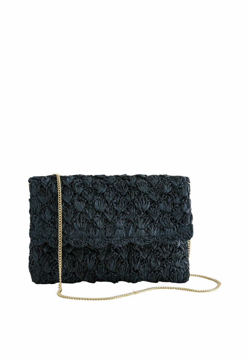 Musta kudottu clutch, jossa on tekstuuripintainen viimeistely, aaltoileva läppä ja kultaketju. Mittaa noin 25 cm leveä ja 13 cm korkea.