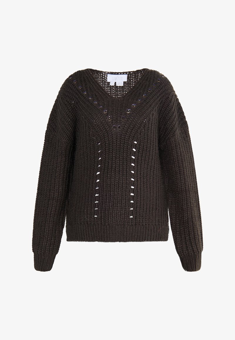 Dark brown knitted sweater with a V-neck, featuring open stitch details and ribbed cuffs and hem for a textured appearance.