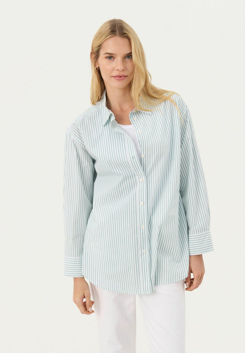 Striped button-up shirt in light blue and white, featuring long sleeves, a collar, and a relaxed fit. Made of breathable cotton.