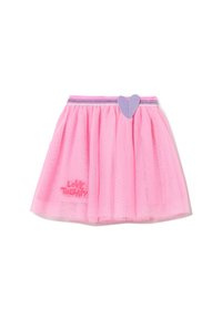 Roze tule rok met gelaagd ontwerp, elastische tailleband met een paarse hartaccent en "LOVE THERAPY" geborduurd in het roze.