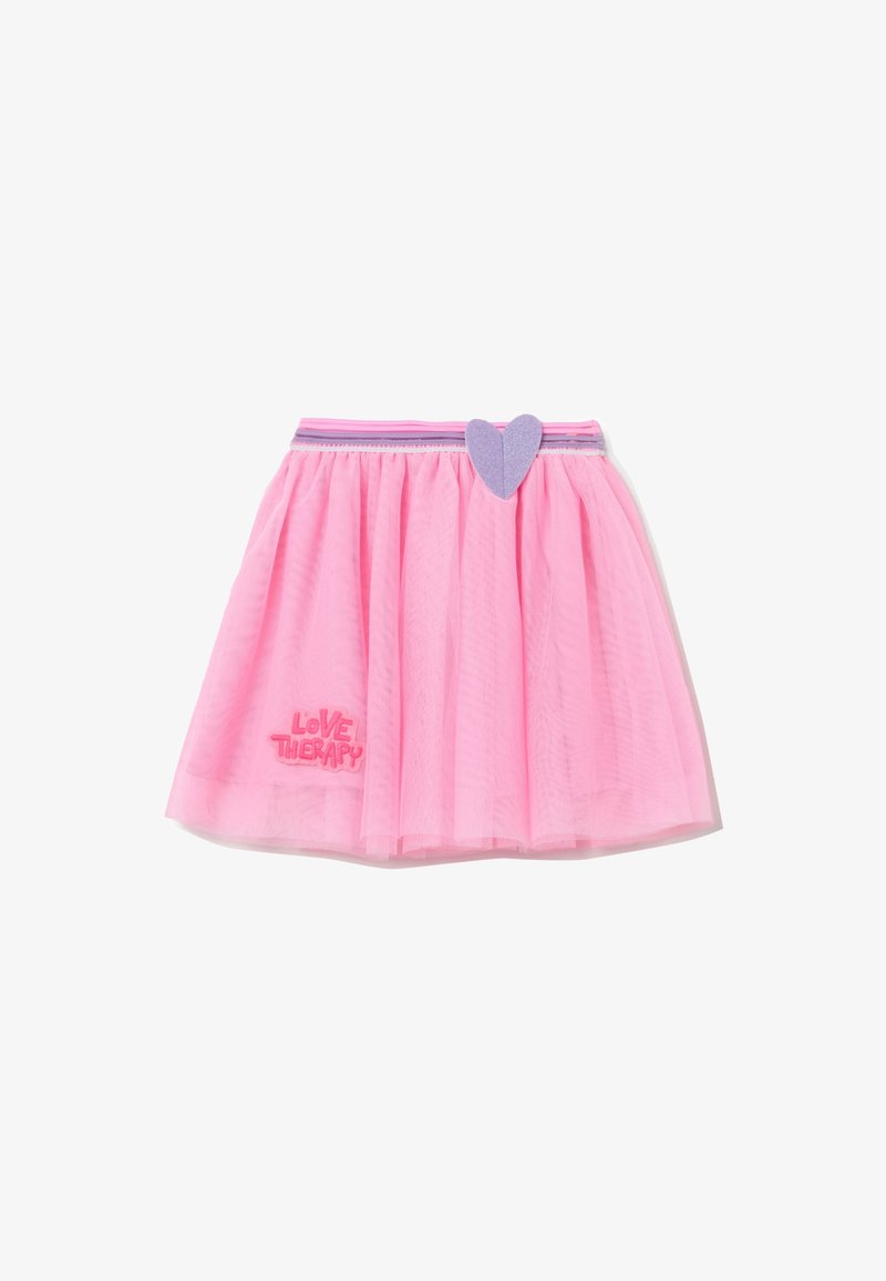 Jupe en tulle rose avec un design en couches, taille élastique mettant en valeur un accent en forme de cœur violet et "LOVE THERAPY" brodé en rose.