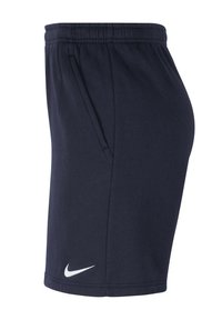 Dunkelblaue Nike-Shorts mit einem elastischen Bund, Seitentaschen und einem weißen Logo auf der unteren linken Seite. Hergestellt aus einem weichen Material.