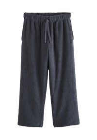 Dark gray, ribbed fabric lounge pants with an elastic waistband and drawstring closure. Feature loose fit with straight legs.