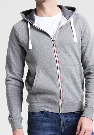 Mand iført en grå lynlåshoodie med hvide snore, en hvid T-shirt under og blå jeans, stående mod en ensfarvet baggrund.