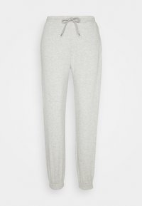 Calças de sweat cinza claro com uma cintura elástica, cordão ajustável e punhos elásticos nos tornozelos. Feitas de um tecido suave e texturizado.