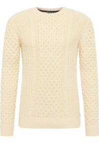 Cremefarbenes gestricktes Sweatshirt mit strukturierten Zopfmustern und gerippten Säumen. Lange Ärmel und Rundhalsausschnitt, mit einer sanften Haptik.