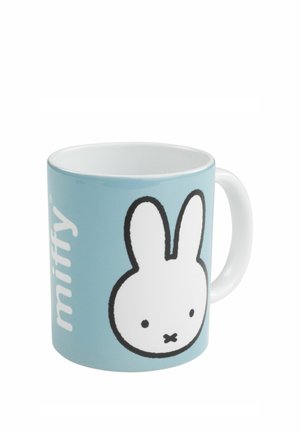 Light blue ceramic mug with a white handle, featuring a simple white bunny face and the word "miffy" in white lowercase letters.