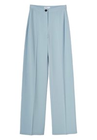 Light blue wide-leg trousers made of smooth fabric, featuring a front button closure, pleats, and a high waist design.