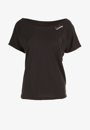 T-shirt noir à manches courtes avec un col large, arborant un logo blanc subtil "Windshape" sur le côté gauche de la poitrine. Tissu doux.