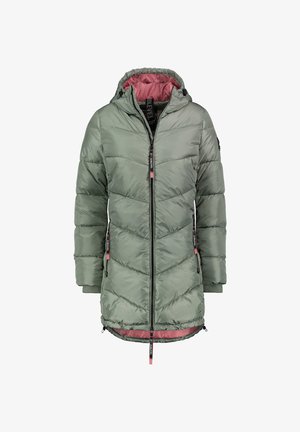 Gepolsterte Jacke in gedämpftem Grün mit Zickzackmuster, Reißverschluss und verstellbarer Kapuze. Mit pinkem Futter und Akzenten an den Reißverschlüssen.