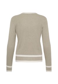 Béžový rebrovaný sveter s dlhými rukávmi a bielymi pruhmi na manžetách a leme, zobrazený zozadu na bielom pozadí.