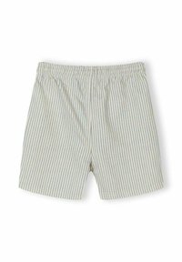Shorts beige clair avec fines rayures verticales bleues et une ceinture élastique, étalés à plat sur un fond blanc.